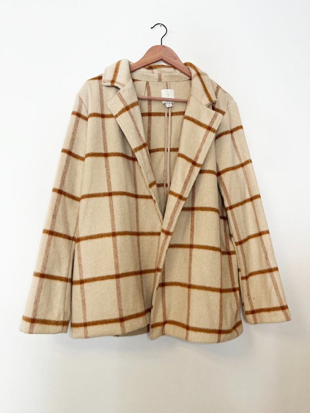 Joie Plaid Open Front Coat Jacket Cream Brown Academia Preppy Size Large